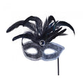 Front - Bristol Novelty Black/Silver Feather Trim Mask On A Stick