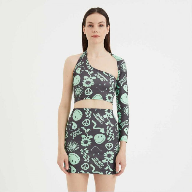 Front - OnePointFive°C Womens/Ladies Smiley Asymmetric Crop Top