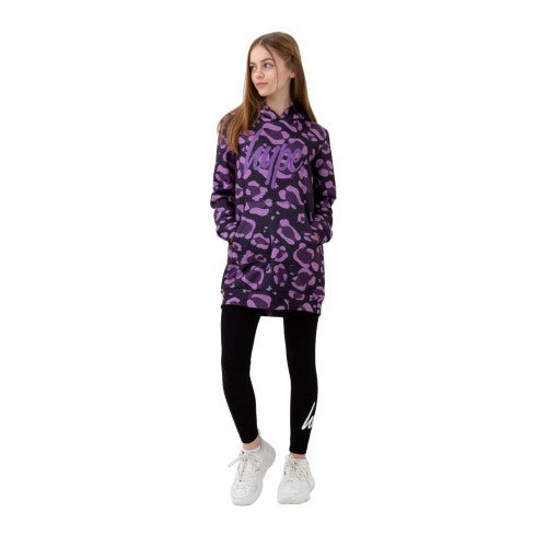 Front - Hype Girls Leopard Script Long Length Hoodie