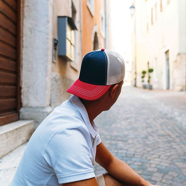 Navy-Burgundy-Beige - Back - Atlantis Rapper Canvas 5 Panel Trucker Cap