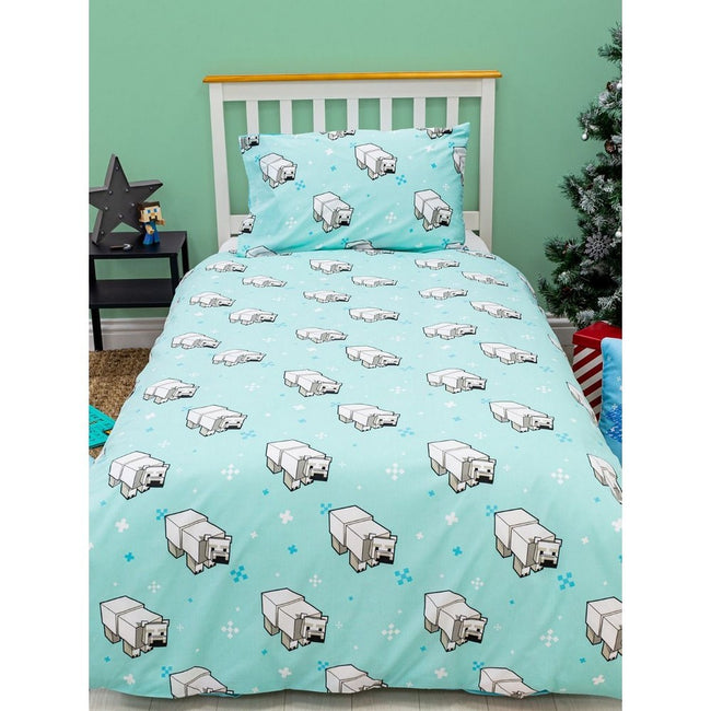 Light Blue-White-Black - Back - Minecraft Panel Polar Bear Duvet Set