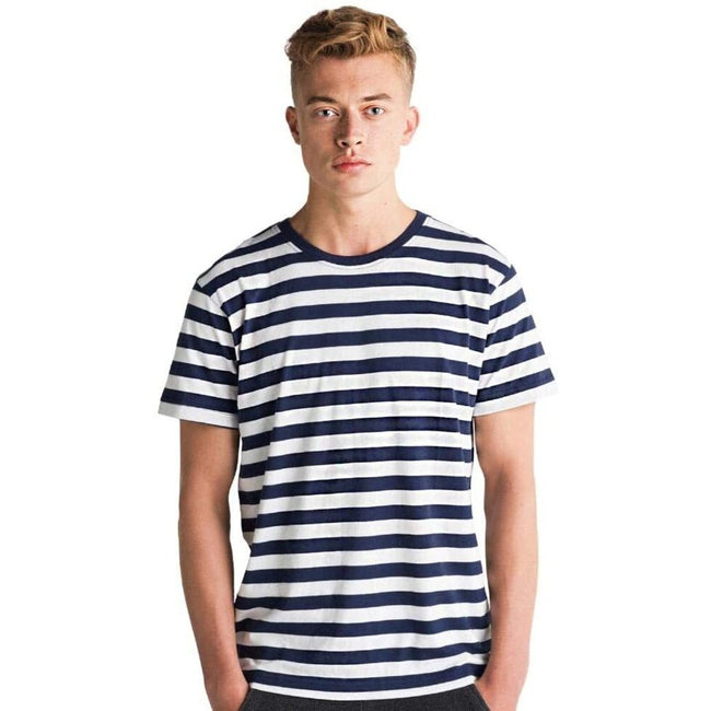 Navy-White - Back - Mantis Mens Striped T-Shirt