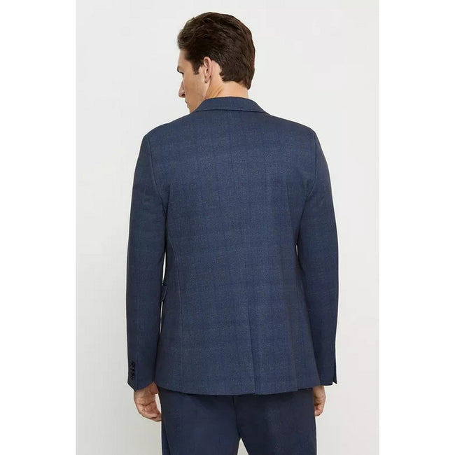 Blue - Back - Burton Mens Checked Jersey Slim Suit Jacket