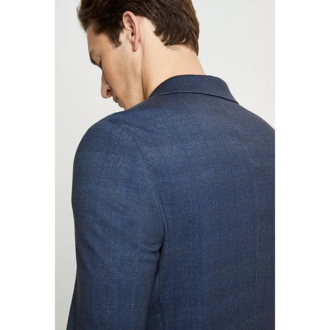 Blue - Side - Burton Mens Checked Jersey Slim Suit Jacket