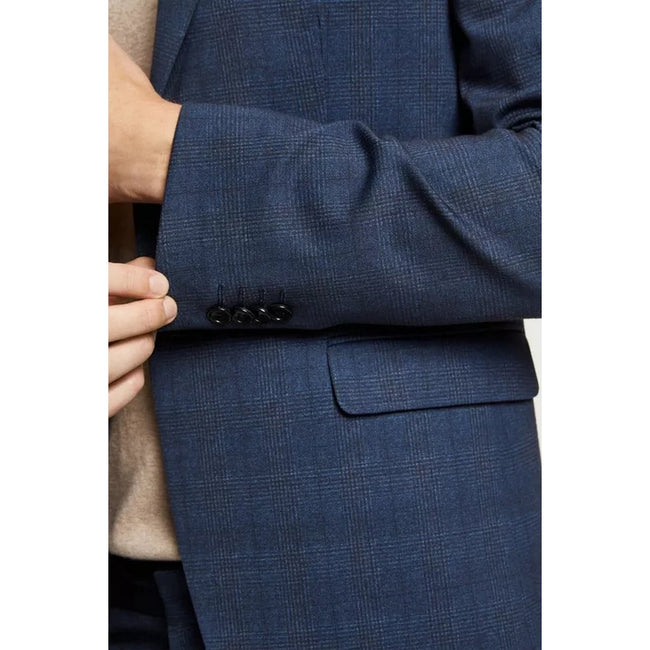 Blue - Pack Shot - Burton Mens Checked Jersey Slim Suit Jacket