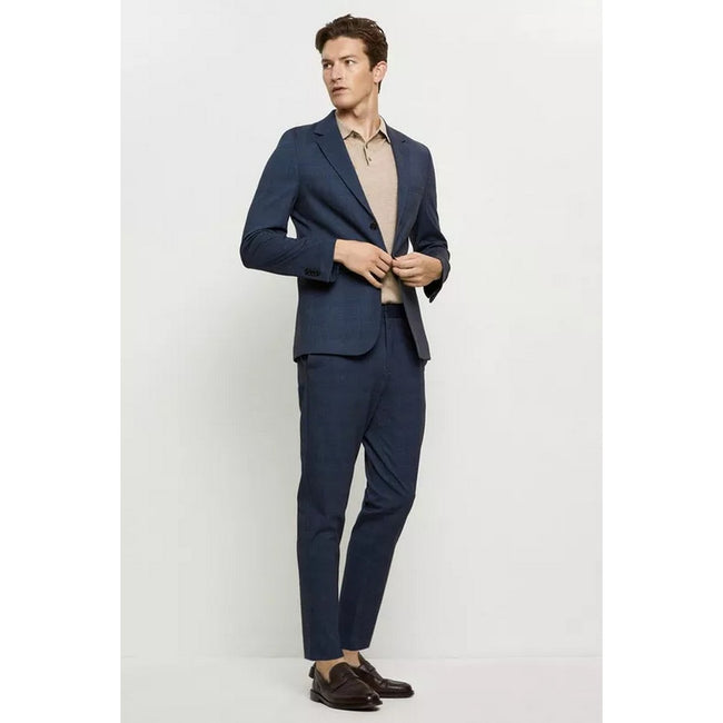 Blue - Close up - Burton Mens Checked Jersey Slim Suit Jacket
