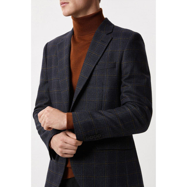 Navy-Rust - Side - Burton Mens Windowpane Check Single-Breasted Slim Blazer