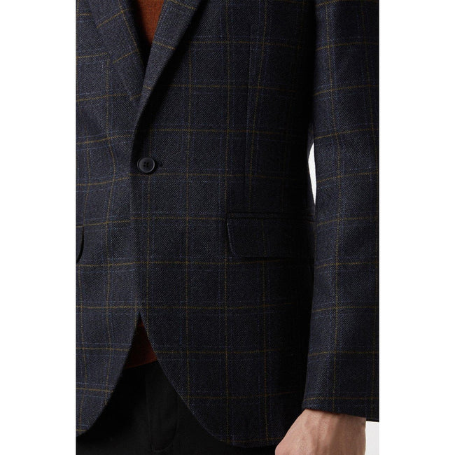 Navy-Rust - Close up - Burton Mens Windowpane Check Single-Breasted Slim Blazer