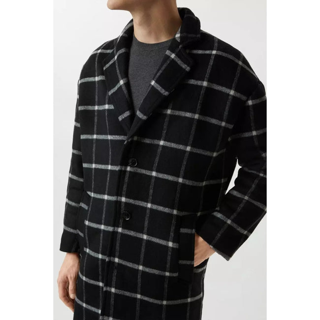 Navy - Side - Burton Mens Checked Wool Relaxed Fit Overcoat