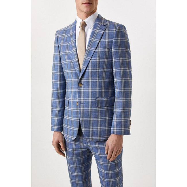 Navy - Close up - Burton Mens Checked Slim Suit Jacket