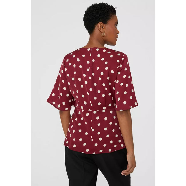 Burgundy - Back - Principles Womens-Ladies Spotted Front Tie Blouse