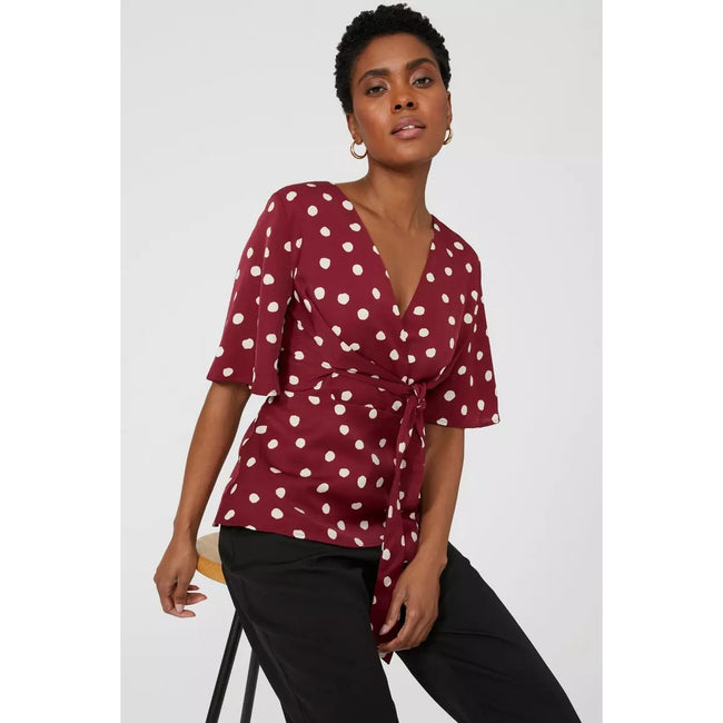 Burgundy - Lifestyle - Principles Womens-Ladies Spotted Front Tie Blouse