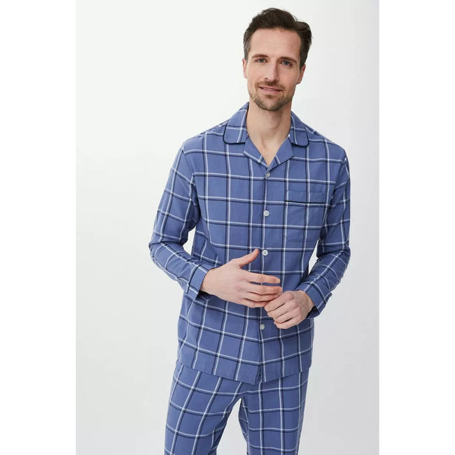 Blue - Side - Debenhams Mens Windowpane Check Woven Pajama Set