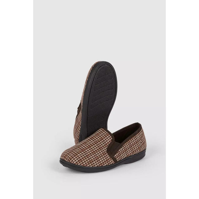 Brown - Back - Debenhams Mens Houndstooth Textile Slippers