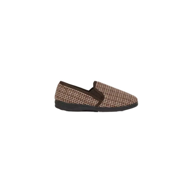 Brown - Front - Debenhams Mens Houndstooth Textile Slippers