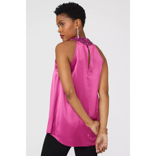 Magenta - Back - Principles Womens-Ladies Sequin Satin Trim Top