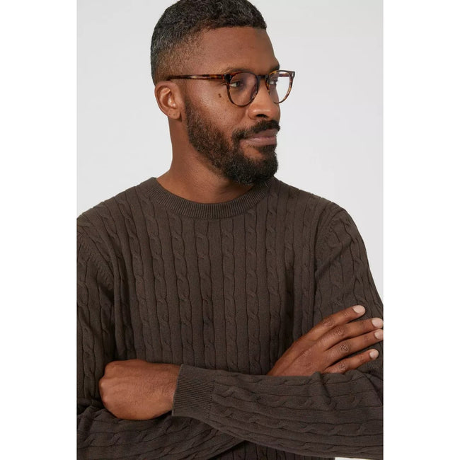 Chocolate - Side - Maine Mens Cable Cotton Crew Neck Sweatshirt