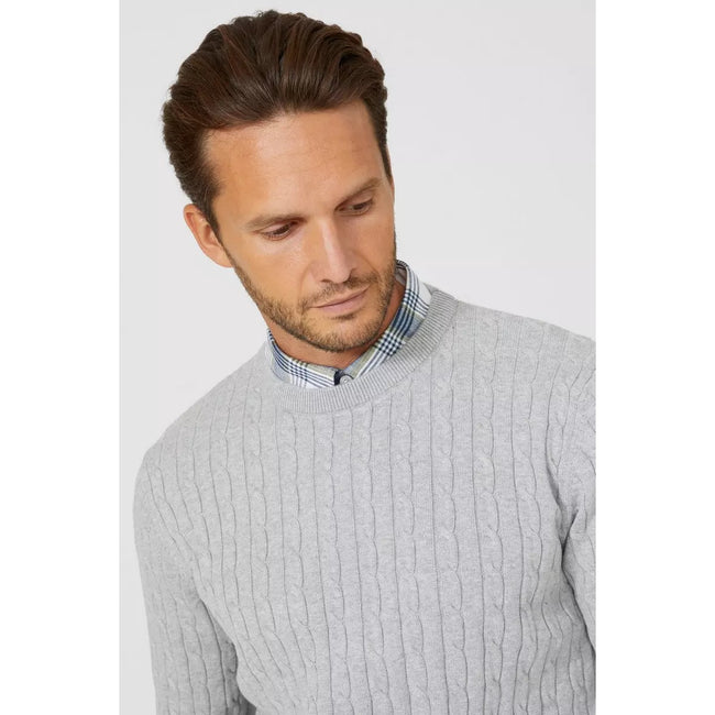 Light Grey - Side - Maine Mens Cable Cotton Crew Neck Sweatshirt