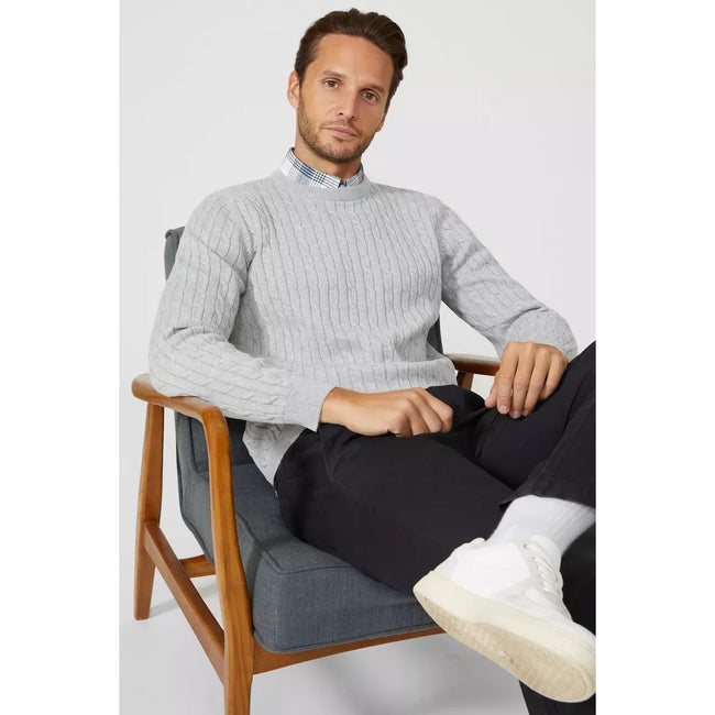 Light Grey - Pack Shot - Maine Mens Cable Cotton Crew Neck Sweatshirt