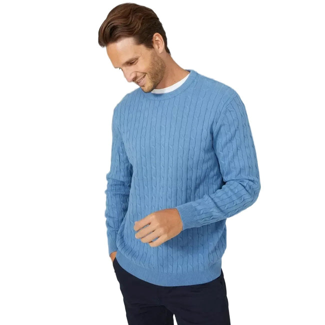 Mid Blue - Front - Maine Mens Cable Cotton Crew Neck Sweatshirt