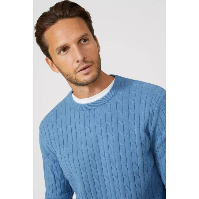 Mid Blue - Side - Maine Mens Cable Cotton Crew Neck Sweatshirt