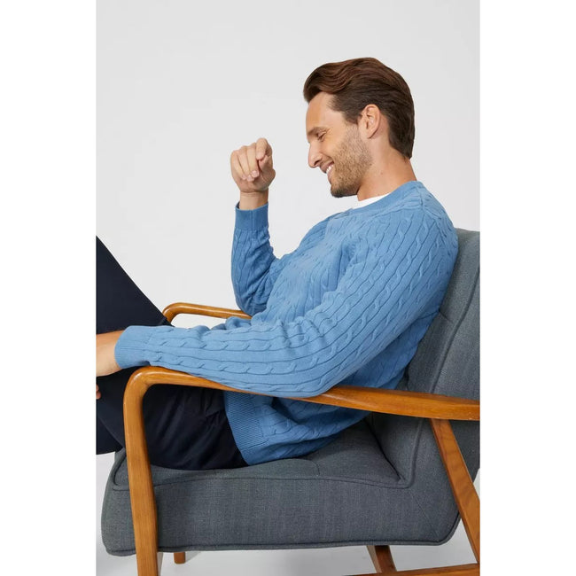 Mid Blue - Lifestyle - Maine Mens Cable Cotton Crew Neck Sweatshirt