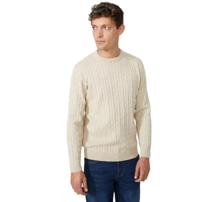 Stone - Front - Maine Mens Cable Cotton Crew Neck Sweatshirt