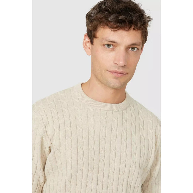 Stone - Side - Maine Mens Cable Cotton Crew Neck Sweatshirt