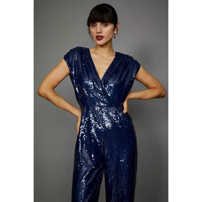 Blue - Lifestyle - Principles Womens-Ladies Sequin Wrap Sleeveless Jumpsuit