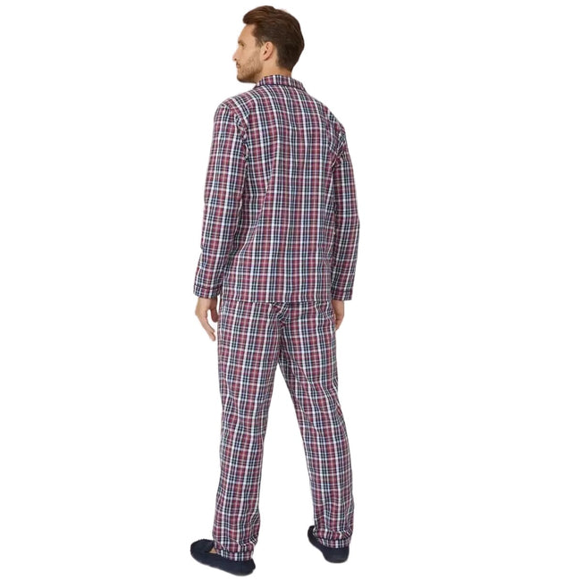 Red - Back - Debenhams Mens Checked Woven Long Pyjama Set