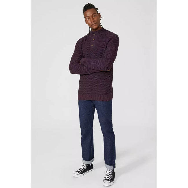 Wine - Pack Shot - Mantaray Mens Cross Stitch Button Detail Sweater