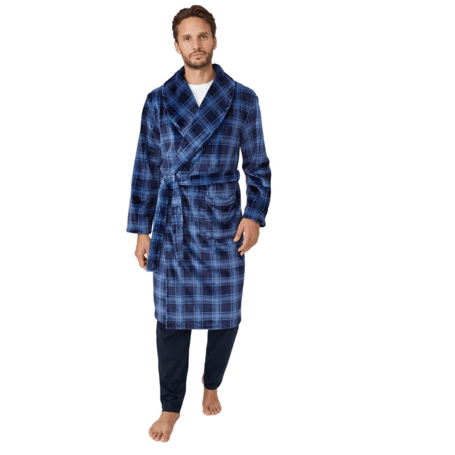 Blue - Front - Debenhams Mens Checked Fleece Shawl Collar Bathrobe