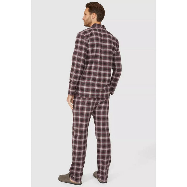 Berry - Back - Debenhams Mens Checked Brushed Woven Long Pyjama Set