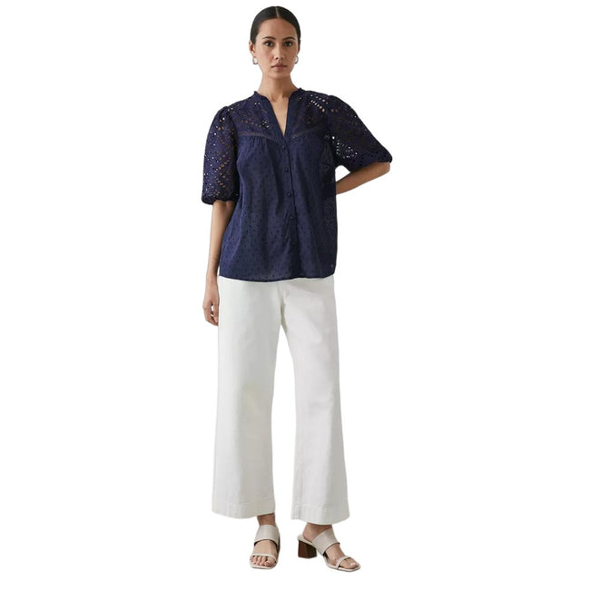 Navy - Lifestyle - Principles Womens-Ladies Broderie Dobby Button Through Top