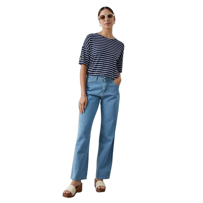 Navy - Lifestyle - Principles Womens-Ladies Stripe Buttoned Cuff T-Shirt