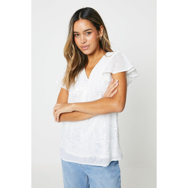 Ivory - Front - Dorothy Perkins Womens-Ladies Sequin Flutter Blouse