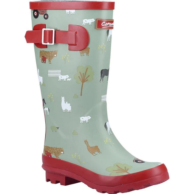 Khaki Green-Red - Front - Cotswold Childrens-Kids Farmyard Galoshes