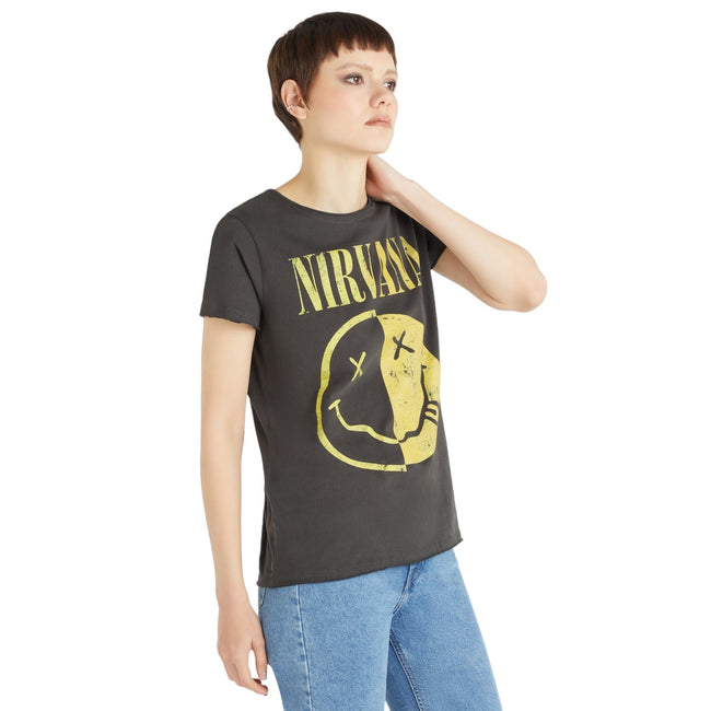 Charcoal - Side - Amplified Womens-Ladies Nirvana Logo T-Shirt