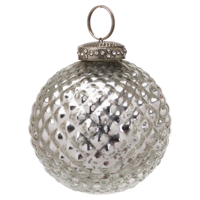 Silver - Front - The Noel Collection Glass Patterned Christmas Bauble