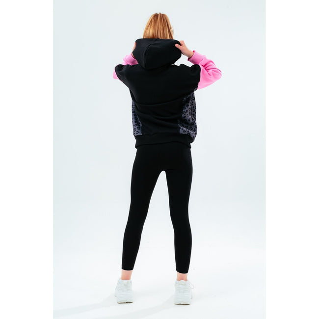 Black-Pink - Back - Hype Girls Leopard Panel Scribble Hoodie