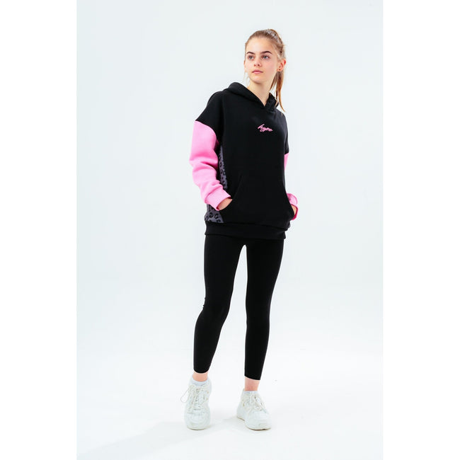 Black-Pink - Side - Hype Girls Leopard Panel Scribble Hoodie