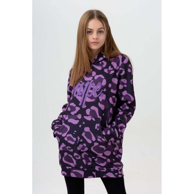 Purple - Back - Hype Girls Leopard Script Long Length Hoodie