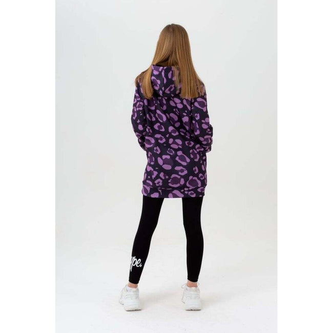 Purple - Side - Hype Girls Leopard Script Long Length Hoodie