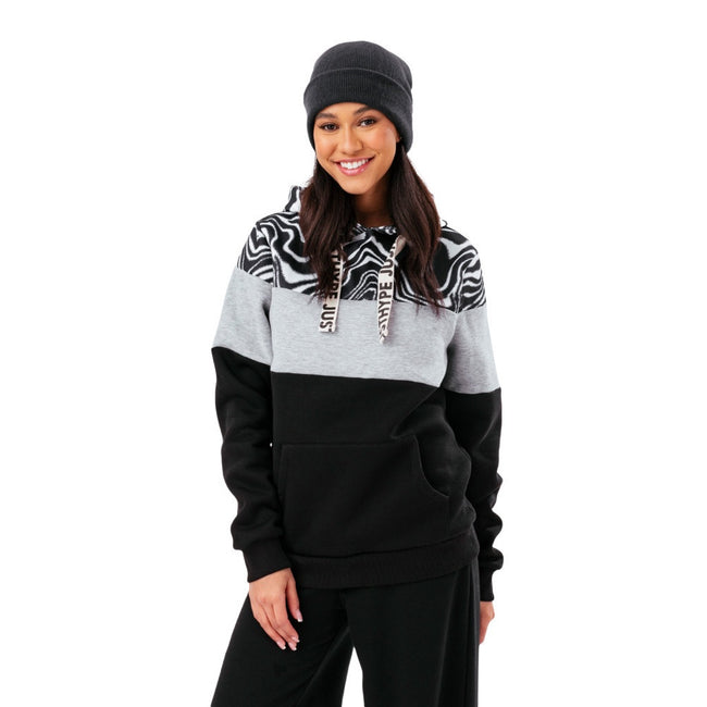 Black-Gray-White - Front - Hype Womens-Ladies Wave Drawstring Hoodie