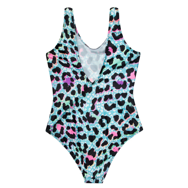 Blue-Black - Back - Hype Girls Leopard Print One Piece Bathing Suit