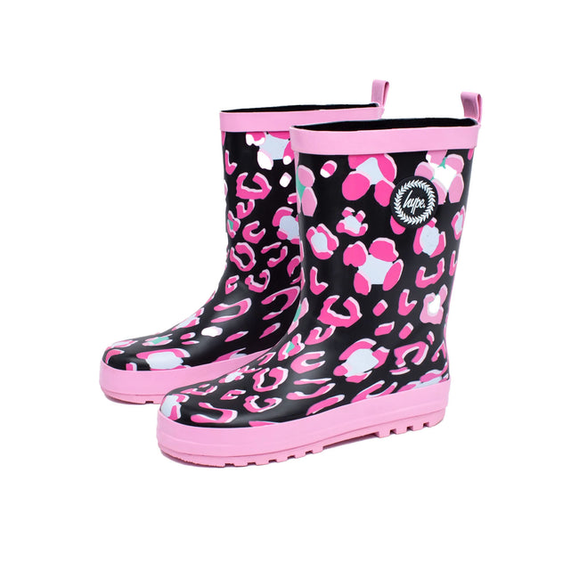 Black-Pink - Front - Hype Girls Leopard Galoshes
