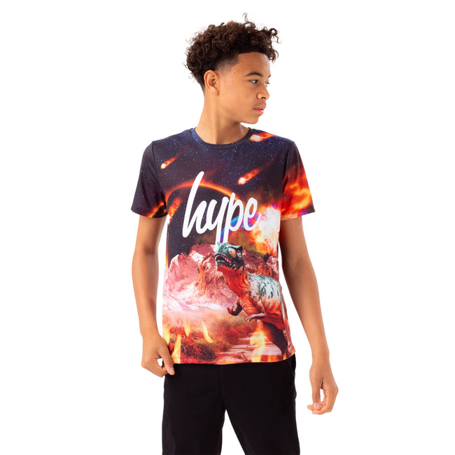 Red-Navy-White - Front - Hype Boys Dinosaur Meteor Script T-Shirt