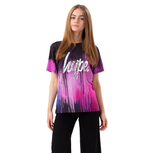 Purple-Black - Front - Hype Girls Drip Foil Script T-Shirt