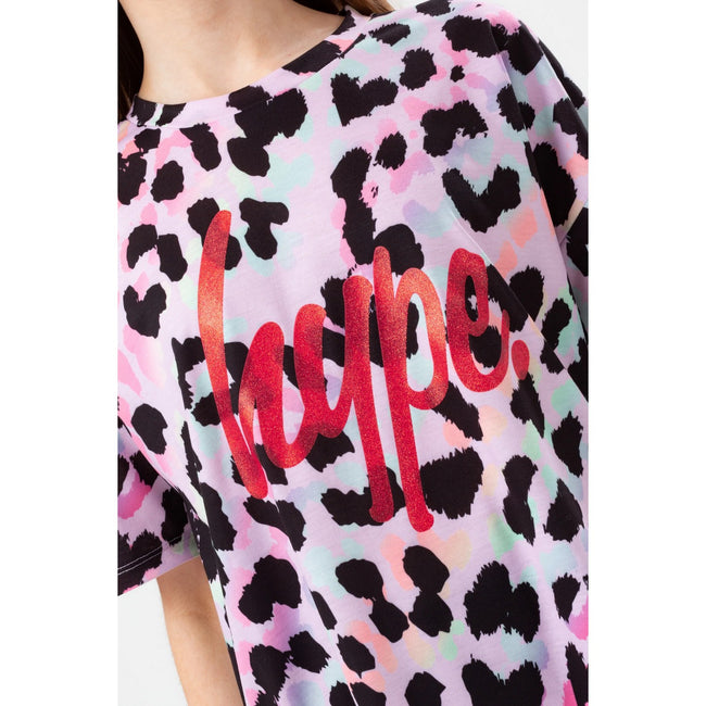 Purple-Black - Side - Hype Girls Rainbow Leopard Script T-Shirt