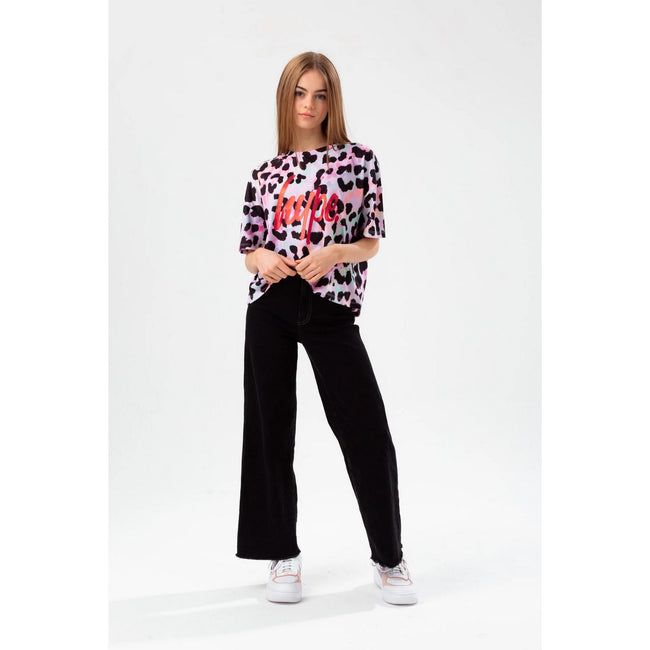 Purple-Black - Lifestyle - Hype Girls Rainbow Leopard Script T-Shirt